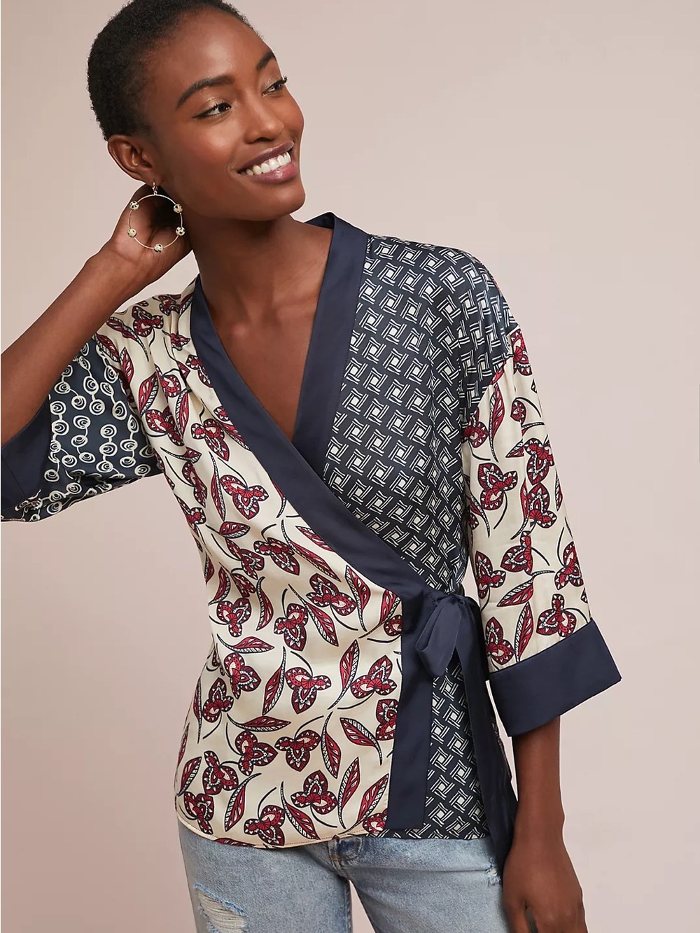 Anthropologie Meadow Rue  Patchwork Kimono Wrap Blouse Navy Cream Red Boho Small